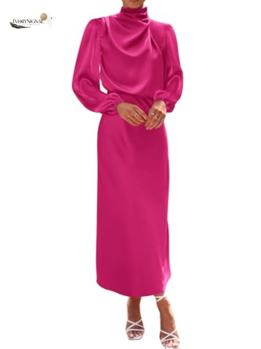 Mock Neck Satin Maxi Dress Long Sleeve Formal Cocktail Wedding Guest